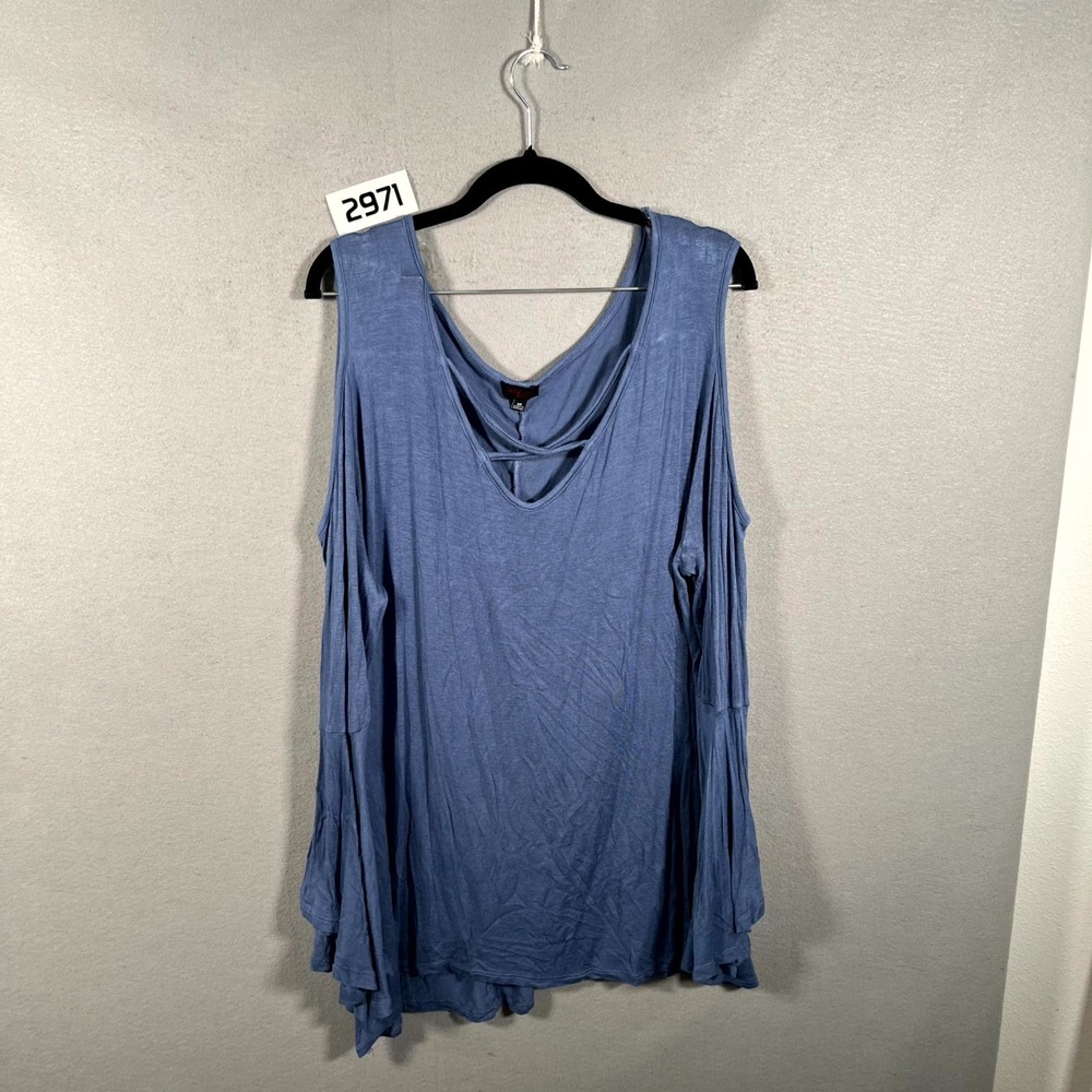 Jazz USA‎ Blouse Top Womens 3X Blue Rayon Stretch Plunge V Neck Cold Shoulder
